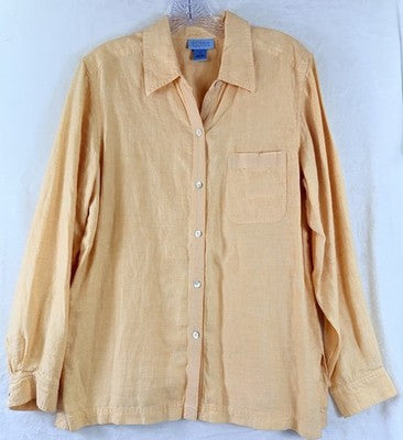 Sigrid Olsen Linen Top Medium Long Sleeve Blouse Button Up Orange Shirt So Blue