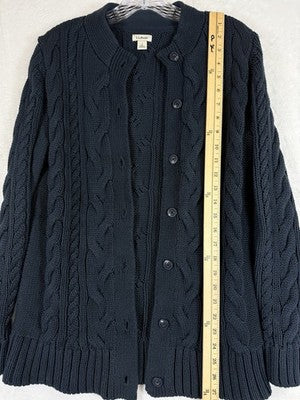 LL Bean Cardigan Sweater Womens Small Navy Blue Cable Knit Buttons 100% Cotton