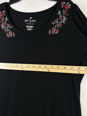 American Eagle Soft Sexy T Black Long Sleeve Flowers Embroidered Large Womens