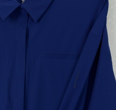 Nike 24.7 Perfect Stretch Shirt Large Women Long Sleeve Snap Front Blue Top NEW