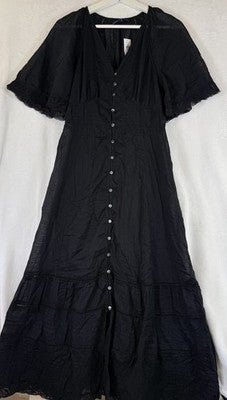 Gap Dress XS Midi Women Short Sleeve Flutter Lace Long 100% Cotton Black New