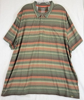 LL Bean SunSmart Polo Shirt XXXL Tall 3XL 3XLT Mens Green Short Sleeve Striped