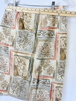 Vintage Womens Skirt 10 Leaf Print Green Tan Pencil 80s 90s Made In USA