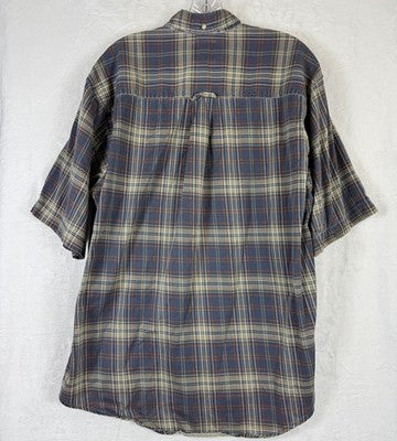 Madison Trader Shirt Large Mens Washed Cottons Blue Plaid Short Sleeve Button Up