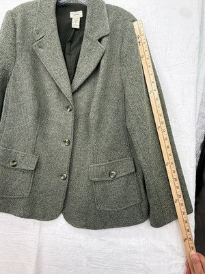 LL Bean Wool Blazer Womens 1X Green Jacket Vintage Silk Blend Tweed Plus Size