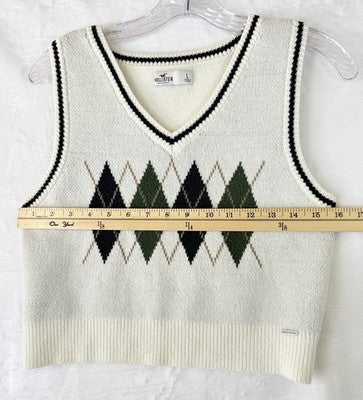 Hollister Cropped Sweater Vest Womens Large V Neck Argyle White Blue