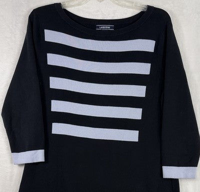 Lands End Sweater Dress Medium Navy Blue Striped 3:4 Sleeves Knit Womens