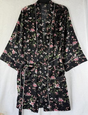 Gap Body Satin Robe Medium Large Womens Black Floral Short Belt