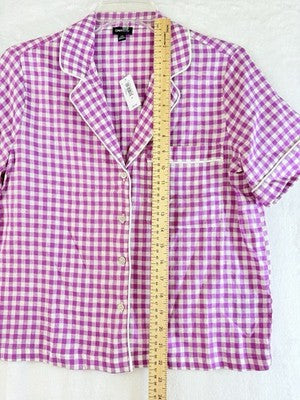 Gap Linen Blend PJ Shirt XS Women Pink Gingham Short Sleeve Top New NWT