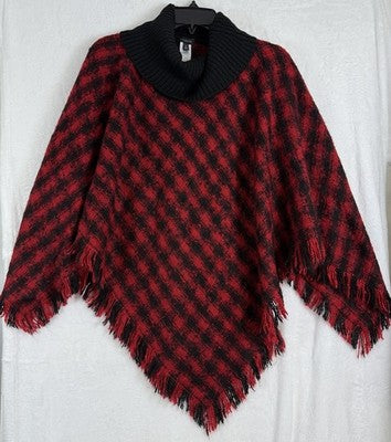Talbots Sweater Medium Poncho Turtleneck  Red Black Plaid Ruana Cape Women