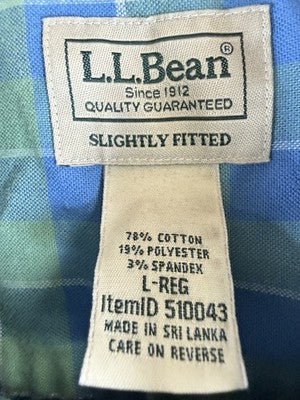LL Bean Shirt Large Blue Plaid Comfort Stretch Oxford Long Sleeve Button Down