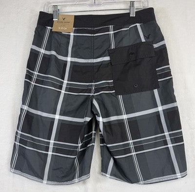 American Eagle Board Shorts Mens Small Black Plaid Swim Trunks New