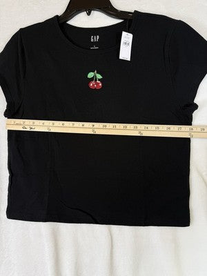 Gap Cropped Tee Large Black Cherries Embroidered Women Top Short Sleeve New NWT