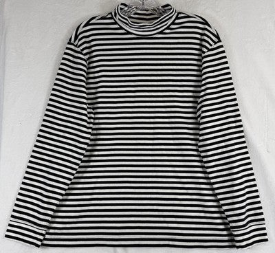 Lands End Turtleneck Large Womens Black White Striped Relaxed Cotton Top Knit