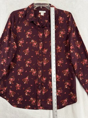 Garnet Hill Tops 10 Button Up Shirt Pom Cotton Burgundy Floral Long Sleeve Women