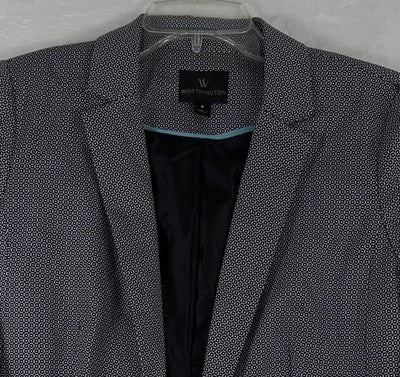 Worthington Blazer 6 Black White Open Front Jacket Geometric Print Stretch