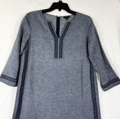 Ann Taylor Dress Small Petite Linen Tunic Blue Womens SP 3/4 Sleeve Embroidered