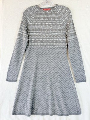 Krimson Klover Sweater Dress Medium Gray Fair Isle Merino Wool Silk Fit Flare