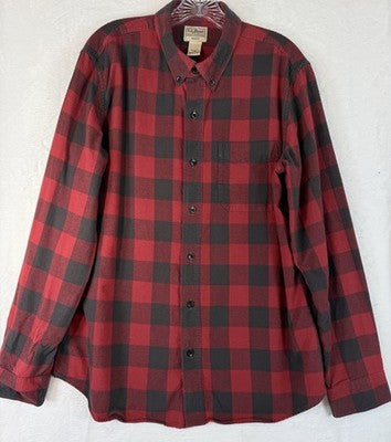 LL Bean Scotch Plaid Flannel Shirt Mens Large Slim Fit Red Plaid Button Down