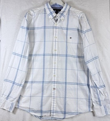 Tommy Hilfiger Button Down Shirt Men XL White Blue Mens Long Sleeve Custom Fit