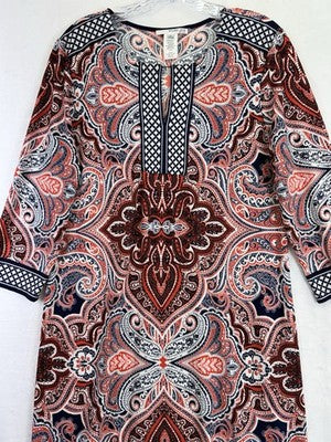 Studio One New York Dress Large Shift Blue Paisley 3/4 Sleeve Womens