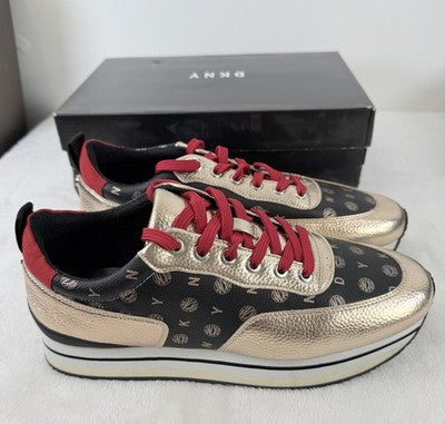DKNY Sneakers Womens 11 Poly Metallic Rose Logo Lace Up Thick Sole Shoes