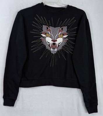 Aeropostale Top Small Womens Black Tiger Sweatshirt Embroidered Embellished