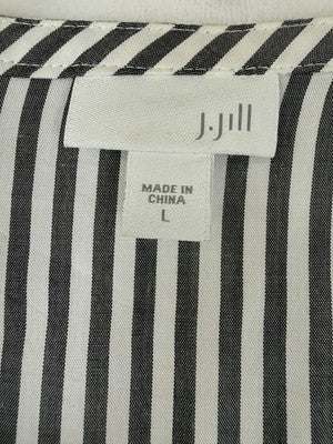 J Jill Large Top Tunic Blouse Gray White Stripe Lightweight Long Sleeve Roll Tab