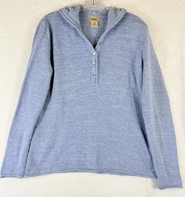 LL Bean Womens Sweater Medium Hooded Blue 100% Cotton Tops Long Sleeve