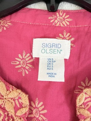 Sigrid Olsen Top Small Tunic Embroidered 100% Cotton Sleeveless Pink Boho Womens