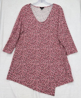 J Jill Wearever Top Medium Tunic 3/4 Sleeve Womens Red Black Pink Print Missy