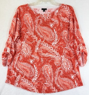 Talbots Tops Small Sweater Lightweight Summer Orange Paisley Floral 100% Cotton