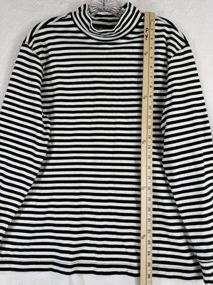 Lands End Turtleneck Large Womens Black White Striped Relaxed Cotton Top Knit