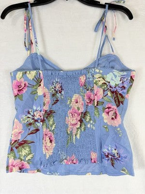 Gap Tops For Women Medium Linen Blend Cami Tie Strap Blue Floral Cottagecore