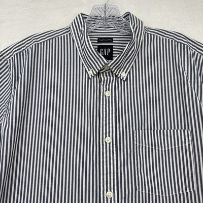 Gap Shirt Men Large Short Sleeve Button Up Blue Striped Cotton Poplin Standard