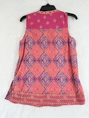 Sigrid Olsen Top Small Tunic Embroidered 100% Cotton Sleeveless Pink Boho Womens