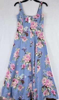 Gap Maxi Dress XS Petite Linen Blend Square Neck Blue Pink Floral Sleeveless New