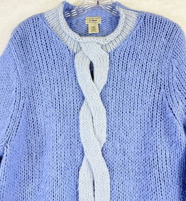 LL Bean XL Sweater Womens Blue Wool Mohair Chunky Cable Knit Roll Neck