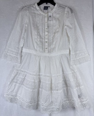 Gap Lace Trim Mini Dress Small Petite Womens White 3/4 Sleeve Boho Whimsical New