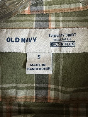 Old Navy Everyday Shirt Regular Fit Small Green Plaid Long Sleeve Mens