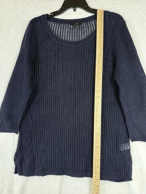 Talbots 100% Linen Top Large Womens Blue Open Knit Sweater 3/4 Sleeve