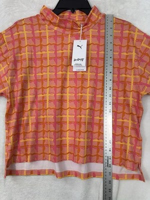 Puma Dani Dazey Top Medium Cloudspun Mock Neck Pink Plaid Womens NWT