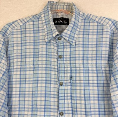 Orvis Button Down Shirt Medium Blue Plaid Long Sleeve Fishing Hiking