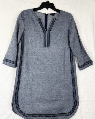 Ann Taylor Dress Small Petite Linen Tunic Blue Womens SP 3/4 Sleeve Embroidered