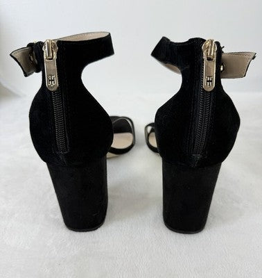 Tommy Hilfiger Block Heel Sandals 11 Womens Black Suede Leather Gold Buckle Shoe