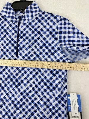IBKUL Womens Long Sleeve Top Small 1/4 Zip Mock Neck Blue Gingham Check Golf