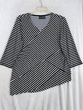 Chicos Travelers Tops Size 2 Large Navy Blue Striped Asymmetrical  3/4 Sleeve