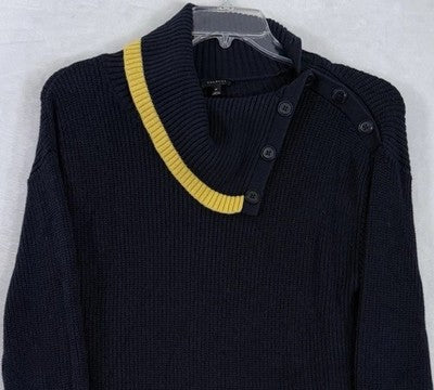 Talbots Medium Sweater Tipped Split Neck Shaker Knit Navy Blue Turtleneck Womens