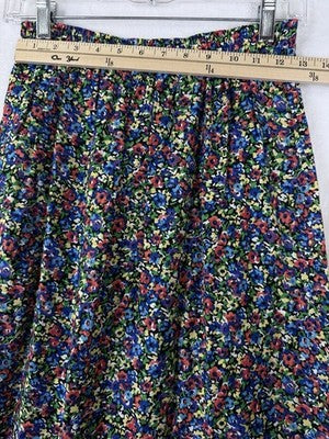 Vintage 90s Floral Midi Skirt Black Made In USA Womens Marilyn Pull On