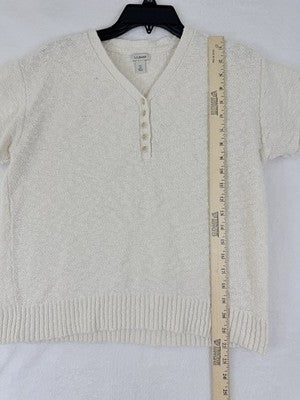 LL Bean Sweater Womens XS Cotton Slub Henley Ivory White Short Sleeve Womens